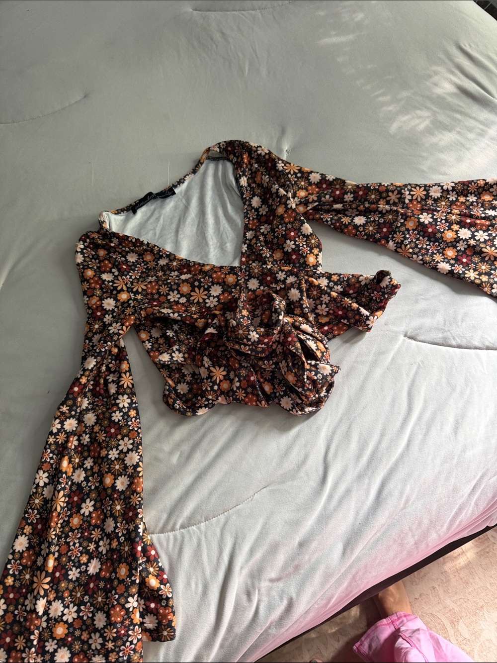 Brown Floral Wrap Crop Top with Bell Sleeves